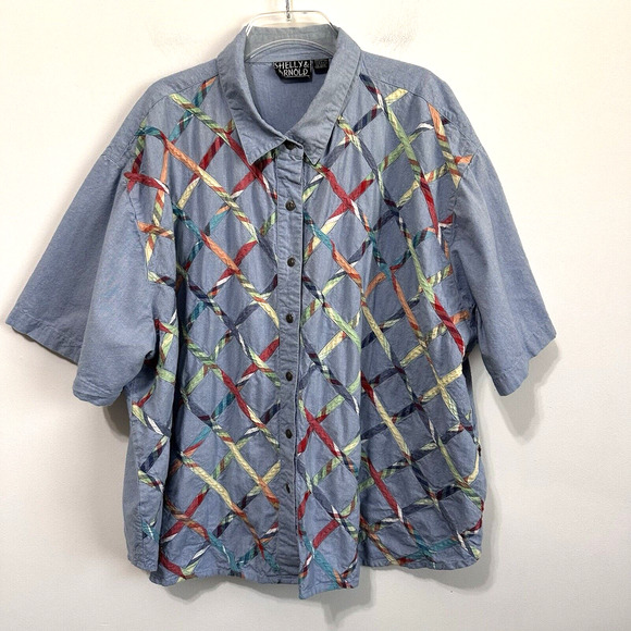 Shelly & Arnold Tops - Shelly & Arnold Top Blouse 4X Plus Blue Button Front Quilted Short Sleeve Casual